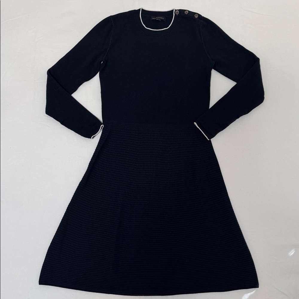 BANANA REPUBLIC SWEATER DRESS LONG SLEEVE FIT & FLARE NAVY WHITE S Tall 363263